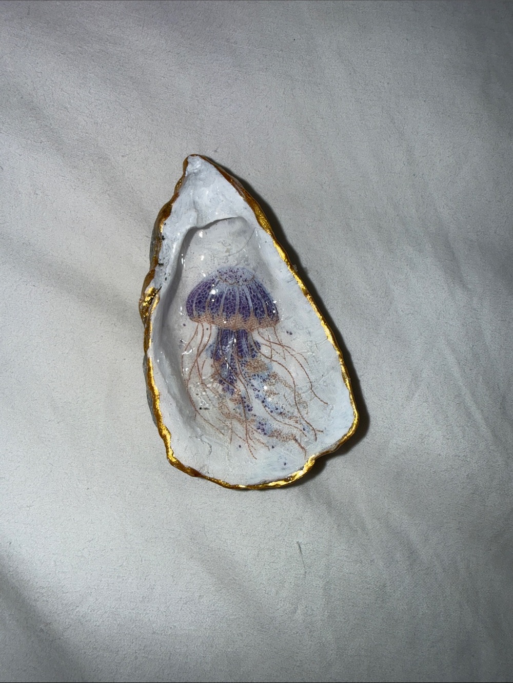Hand-Made White Oyster Shell Magnet with Purple Jellyfish and Gold Trim